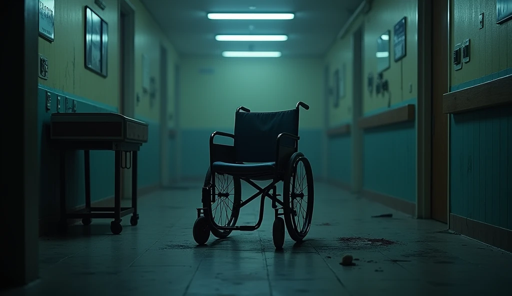 (Masterpiece:1.2,Highest quality,Ultra high resolution,very detailed,realistic,Ultra high resolution,8ก,Wallpaper,(Taking photos in an abandoned hospital),(The picture shows details of a patient&#39;s wheelchair parked in an abandoned room.),nighttime,Thailand,The quiet and eerie landscape,horror