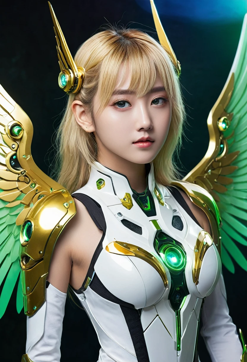 ((masterpiece, Highest quality, Best image quality, High resolution, Realistic, RAW Photos, 8k)), ((Highly detailed CG synthesis 8k wallpaper)), (So hot and beautiful、Beautiful feet、Incredible beauty, Perfect Proportions)、(((Japanese)))、((ung girl))、(((:1.4)))、blonde、Cowboy Shot、Corrosive、reflection、Ray Tracing、Demo Theme、compass、golden ring、Holiness、Cyber Effects、長いblondeの髪、Golden Disk Device、Purple glowing reactor、Golden Light Straight Head、alone、White and green decorated mecha girl、Dressed in white and green、Futuristic Bodysuit Dress、White and green Greek dress、Golden decoration、黄金のwing decoration、wing decoration、Hair decoration、Golden wing head decoration、白と緑のwing decoration、Mechanical Ear Cuff、Futuristic circular ear cuff、Mechanical Harrow、Hello Star、White and green futuristic body armor、Complex futuristic bodysuit、Mecha Corset、Stylish futuristic armor、Future Wing Gadget、Left and right disk units、Two complex futuristic flight plate gadgets、Futuristic gadget with left and right discs、Shining Futuristic Wing Core、blonde、Hair between the eyes、Golden Hair、Starry Sky、Rainbow Eyes、Shining Eyes、Eye Imprint、Random facial expressions、Random Actions、Starry Sky、Skyline