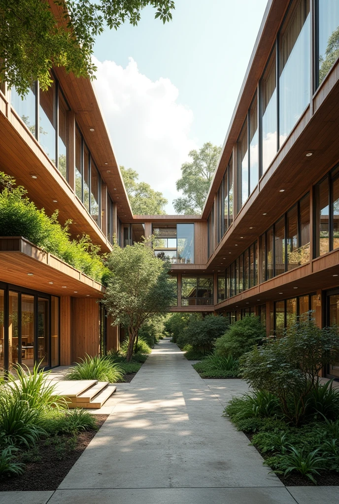Two-story building inspired by Cochabamba, Bolivia, with functional spatial organization and straight morphology , with wide stands on the outside with ramps for the disabled with green gardens with natural lighting and ventilation glass and wood walls