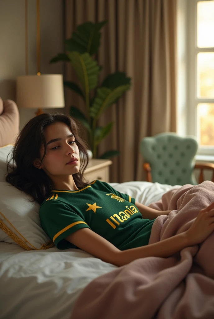 Beautiful Pakistani girl lying in bed wearing pakistan cricket team shirt with hania written on her shirt in a beautiful room