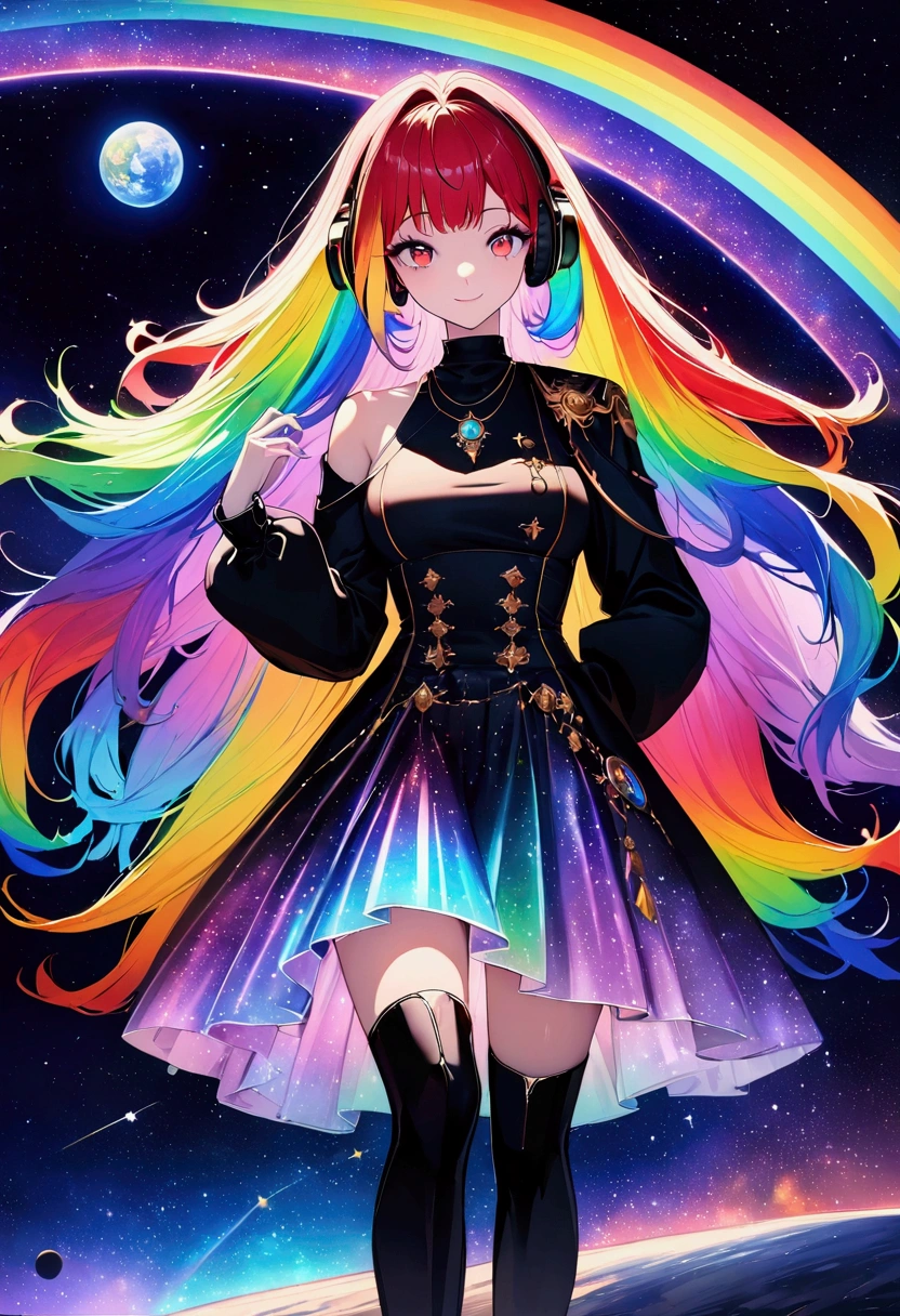 (((Digital Art Style))) One Woman,Gal,Long Hair,(Rainbow Hair),Bangs parted in the center,Black headphones,necklace,Look here,Red eyes,Big Eyes,Smile One Shoulder Dress,Volume sleeve,Iridescent skirt,Black boots,night,Space Background,End of the Galaxy,Planetarium style,Backlight,masterpiece,Highest quality,Exquisite,8k,Absurd,Ultra-fine illustrations,(View your audience)