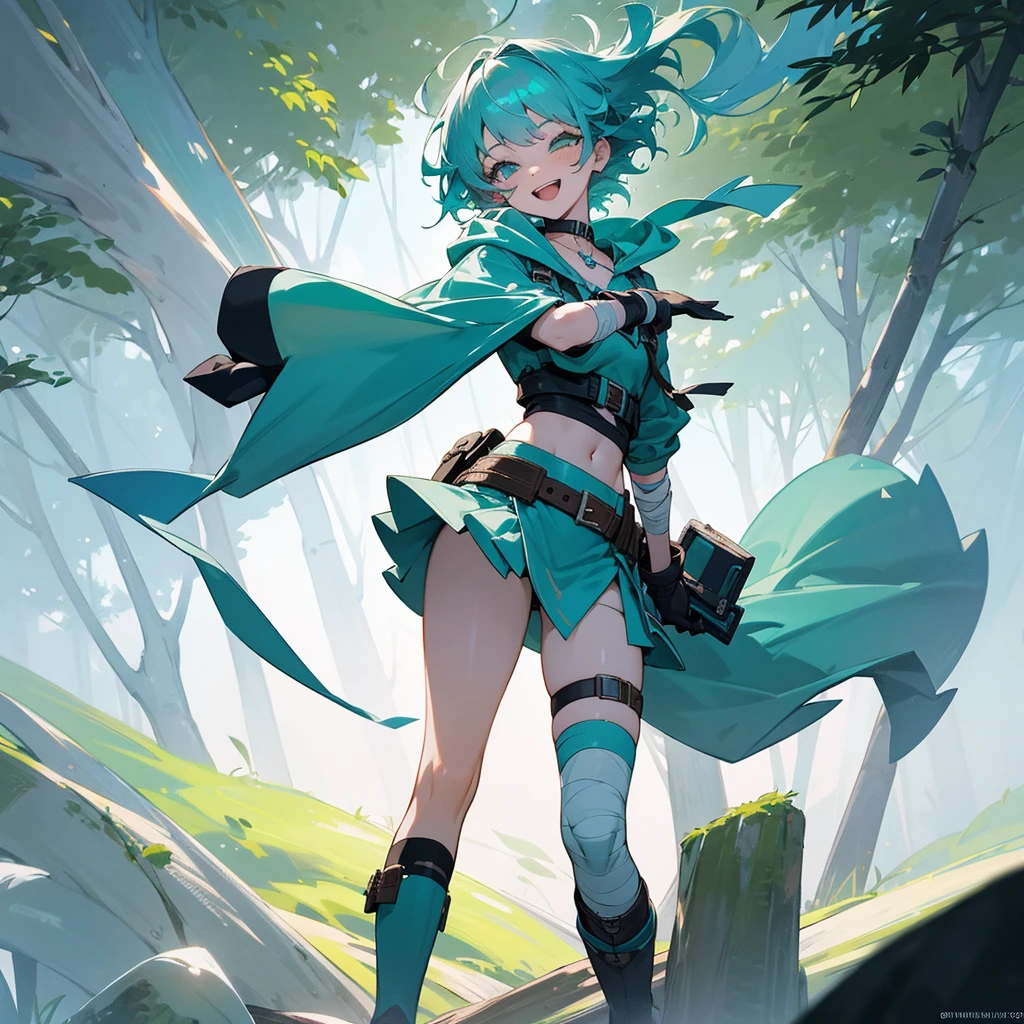 woman, female, delightful, Azure hair, short hair, curly, medium hair, aqua hair, aqua eyes, pale skin, glamorous, hoodie, mini skirt, long boots, belt, waist bag, with a scar, with a bandage, gloves, hood, fantasy, Solo, laughing, happy, wink, outside, in the forest