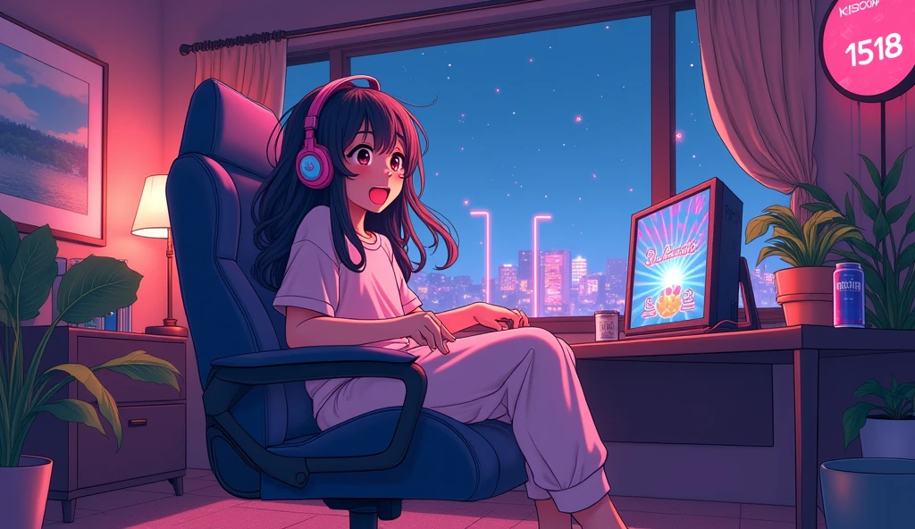 Perfect image, 8k, night、Energy Drinks、Sit in a gaming chair、Private room、A high school girl playing a rhythm game on a PC、cute、looks fun、excited、smile、long hair、 Loungewear、Using headphones、City view outside the window、2D-style animation, Lo-Fi、Retro、Anime style illustrations、Line art with clear outlines