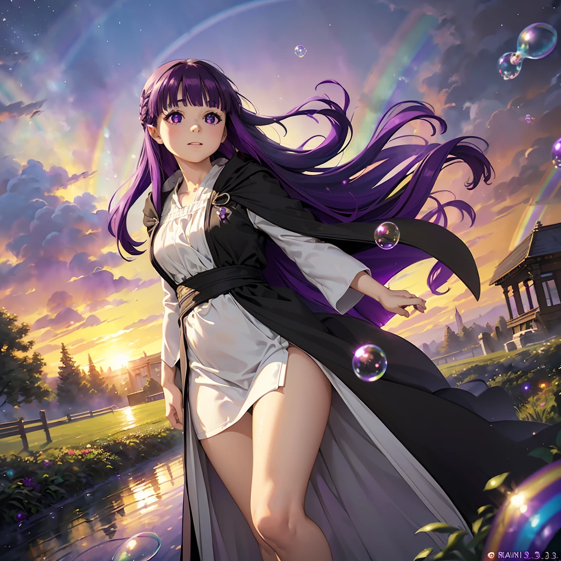 fern, long hair, bangs, (purple eyes:1.1), (((purple hair:1.5))), sidelocks, blunt bangs, (bright pupils:1.5), half updo, long sleeves, dress, white dress, long dress, robe,((( black robe:1.5))),--(((Fairy and women walking on a carpet of rainbow-colored soap bubbles, 1.3))), (16k, 8K, Raw, highest quality, masterpiece 1.2), Ultra HD, high resolution, high quality, best quality, (((full body image 1.3))), (((unreal space 1.3))), best quality, ultra high definition, incredibly absurd, highly detailed, 2.5D, beautiful goddess, (((pastel clouds 1.3))),, sunlight, pop art, (((delicate dynamic effect combining the taste of oil painting and watercolor 1.3))), (((rainbow fantasy 1.3))),girl 1 Person, perfect anatomy, perfect proportions, nice lighting, bright colors, clean lines, information, blurred, stunning facial expression, restless emotions, gorgeous and cute, beautiful face and eyes in every detail, (masterpiece) beautiful face, young and handsome girl, really perfect skin, blurred, stunning facial expression, restless emotions, gorgeous and cute, beautiful face and eyes in every detail, (Audrey Hepburn), (cute), (J-POP idol), (thighs, (depth of field), (depth of field), soft light, shining lens gaze, (droopy eyes), straight teeth, shy smile, fluttering hair, a scene from Blake's movie,