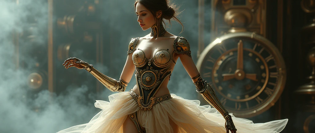 a vibrant steampunk charming sophisticated elegant formal graceful female, clockwork amputee with a transparent body frame, graceful movement, intricate clockwork mechanisms metallic textures, brass and copper accents, ornate details, steam and gears, human skin