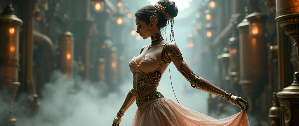 a vibrant steampunk charming sophisticated elegant formal graceful female, clockwork amputee with a transparent body frame, graceful movement, intricate clockwork mechanisms metallic textures, brass and copper accents, ornate details, steam and gears, human skin