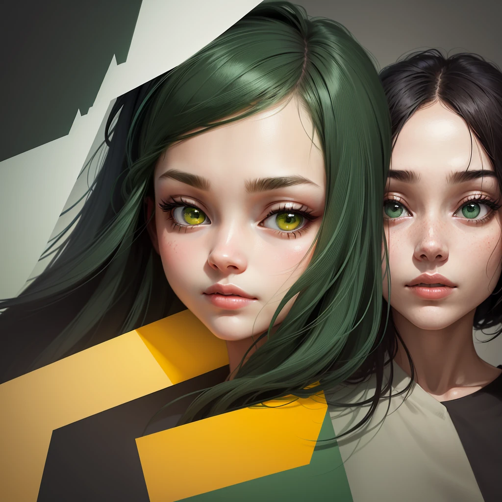 Abstract summer, minimal, vector, mix of natural and geometric, 2D, mostly using color code dark green and mustard palette, dark gray green, dark green mustard pastel color, using very little dark green warm colors with tonal combination With green and mustard color, the direction of the girl's face and look around, the girl's age is over 20 years old, the face should be minimal and abstract, the face should not be realistic and photographic, the face should be geometric and abstract cubism. Style, different face styles, dark gray green, face blend with background