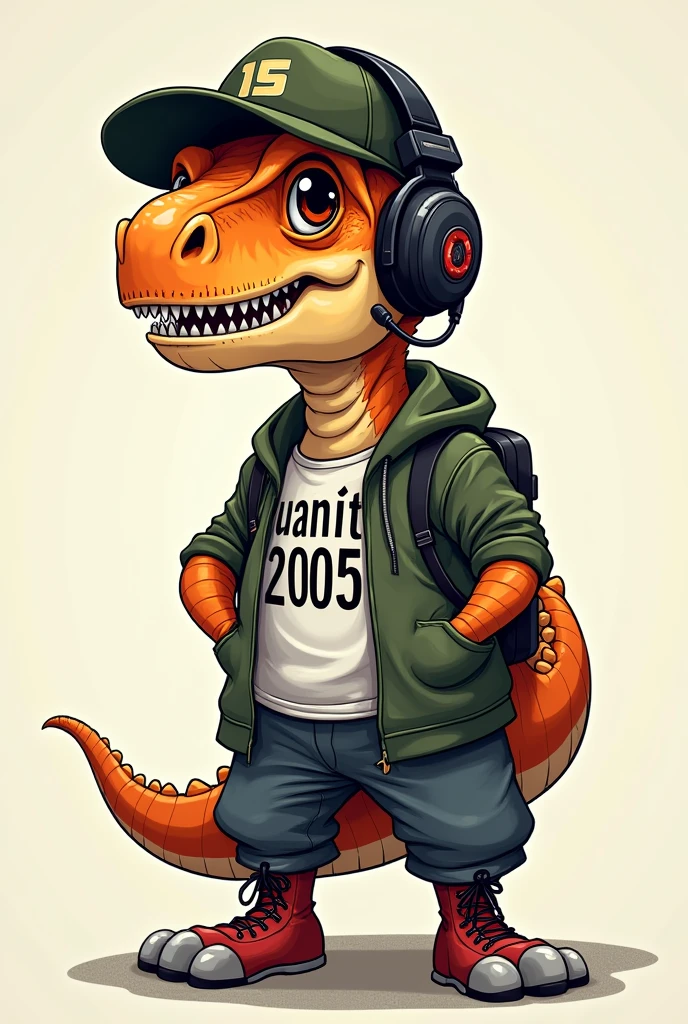 A dino with a normal military-colored cap, gamer headset headphones, and an t-shirt with the letters: Guañito 2005