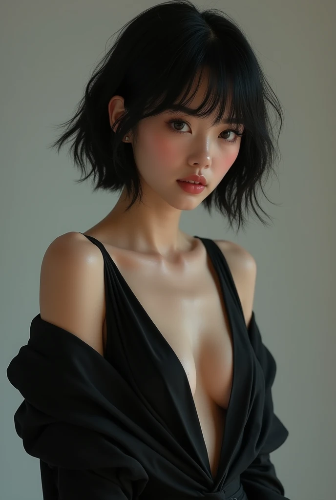 As a girl with black hair and short facial features, thin but white with Japanese-American and Mexican features, flirtatious eyebrows and dressed in black clothes with a low-cut shirt, she is looking forward with a slight smile with her thousand opaque children and her dark pompadour, she will be about 1 and will measure 165 