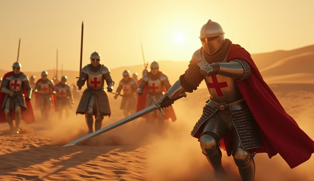 A highly realistic, high-contrast, 8K HD, detailed, hyper-detailed image of Crusader knights clad in steel armor with red crosses on their tunics, fiercely overwhelming their enemies with swords in a desert setting. The knights are shown with intense determination as they strike down their foes, their swords glinting in the harsh sunlight. The desert landscape around them is vast, with dunes and a blazing sun casting long shadows. The scene captures the raw power and bravery of the Crusaders as they dominate the battlefield, with the sand beneath them kicked up by the force of their movements. The image is of the highest quality, with ultra-high resolution, RAW photo quality, and Unreal Engine rendering, portraying the epic and fierce battle under the scorching desert sun.