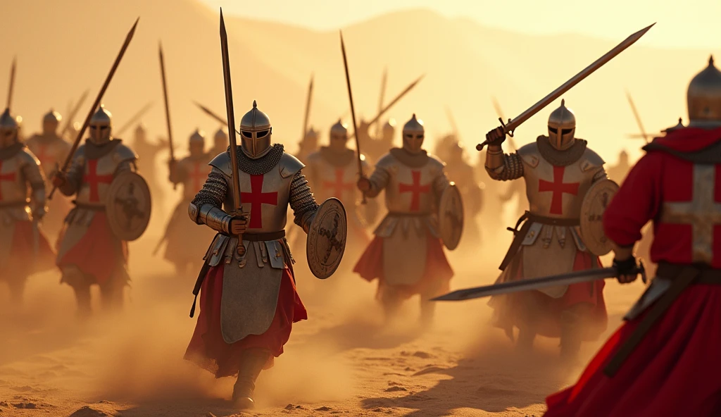 A highly realistic, high-contrast, 8K HD, detailed, hyper-detailed image of Crusader knights clad in steel armor with red crosses on their tunics, fiercely overwhelming their enemies with swords in a desert setting. The knights are shown with intense determination as they strike down their foes, their swords glinting in the harsh sunlight. The desert landscape around them is vast, with dunes and a blazing sun casting long shadows. The scene captures the raw power and bravery of the Crusaders as they dominate the battlefield, with the sand beneath them kicked up by the force of their movements. The image is of the highest quality, with ultra-high resolution, RAW photo quality, and Unreal Engine rendering, portraying the epic and fierce battle under the scorching desert sun.
