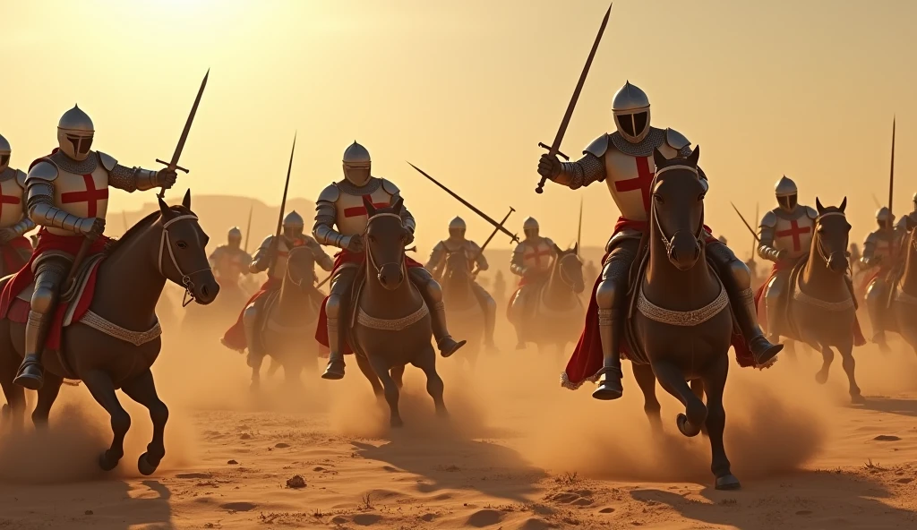 A highly realistic, high-contrast, 8K HD, detailed, hyper-detailed image of Crusader knights clad in steel armor with red crosses on their tunics, fiercely overwhelming their enemies with swords in a desert setting. The knights are shown with intense determination as they strike down their foes, their swords glinting in the harsh sunlight. The desert landscape around them is vast, with dunes and a blazing sun casting long shadows. The scene captures the raw power and bravery of the Crusaders as they dominate the battlefield, with the sand beneath them kicked up by the force of their movements. The image is of the highest quality, with ultra-high resolution, RAW photo quality, and Unreal Engine rendering, portraying the epic and fierce battle under the scorching desert sun.
