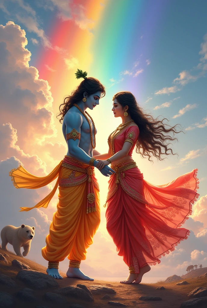 Radha Krishna meeting in rainbow sky near bear