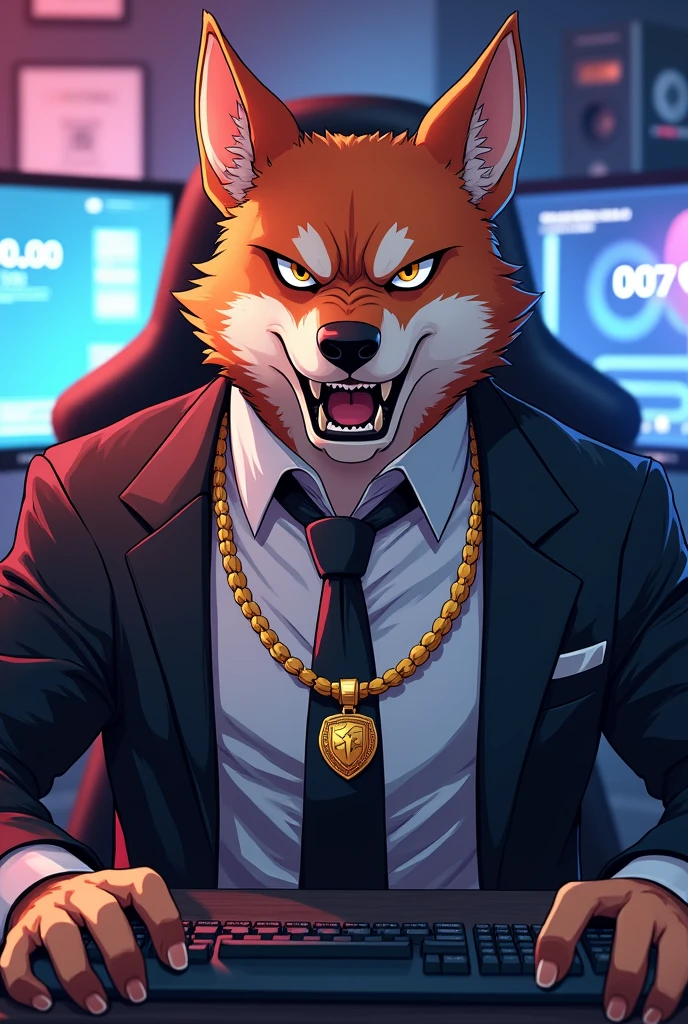 A angry anime dog Gamer with head phone   well dressed and  neck gold  change with name of WITH GAMING SET UP 
In backround mention 007ROCKY69   template 