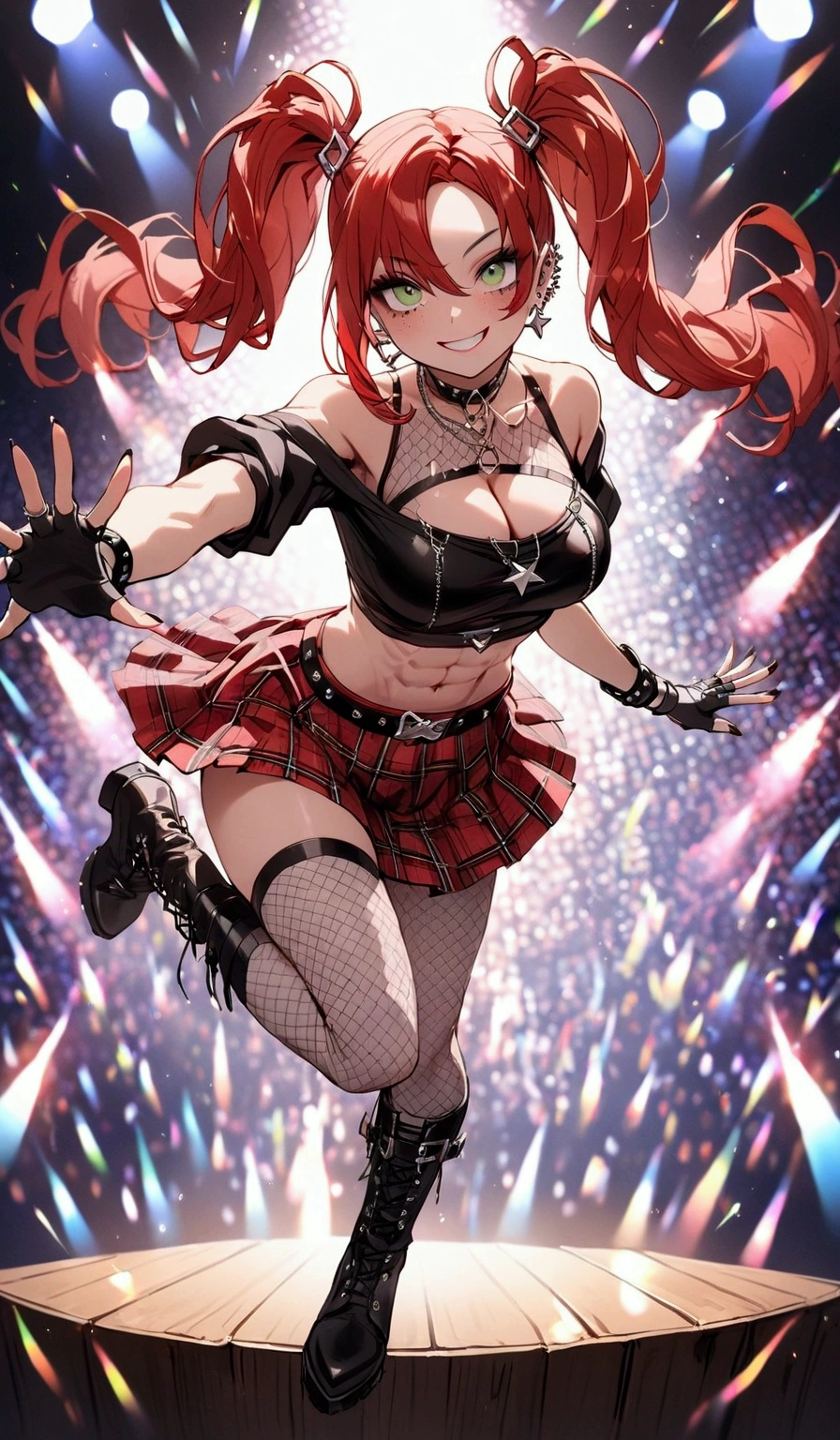 woman, grin, curly red hair in pig tails with ribbons, green eyes, black eyeshadow, wearing crop top black shirt, black jacket, red plaid skirt, black knee high boots, black fingerless gloves, exposed shoulders, large breasts, freckles, abs, cleavage, looking up at viewer, masterpiece, best quality, Holo-Punk Style, dancing on stage, rockstar, make up, eyelashes, fish net undershirt, fish net stockings, (full body)