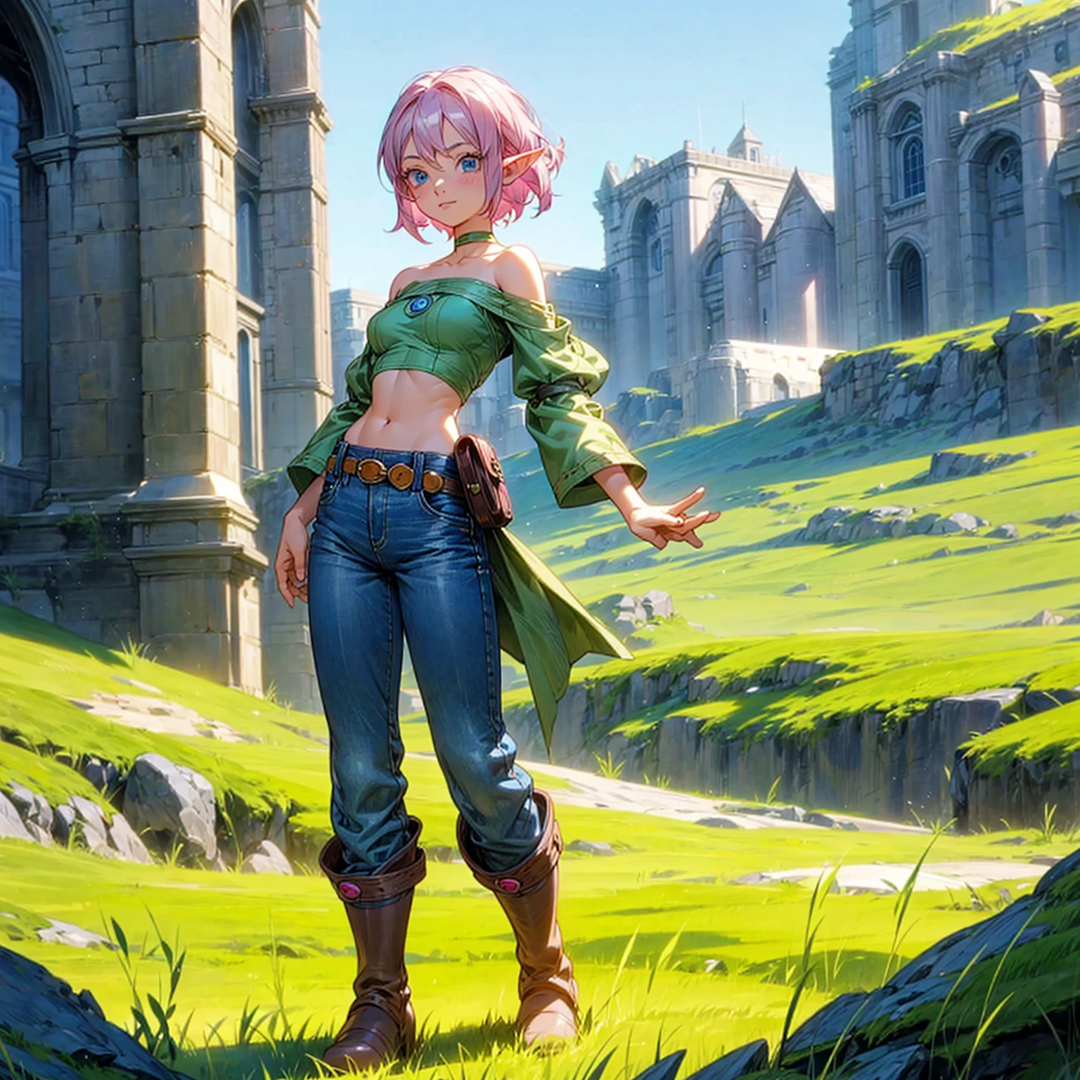 Solo character, full body version, old girl, medium breast, (elf), blue eyes, pink color hair, short hair, black crop top, bare shoulder, jeans pants, boots, outdoor, field, Greenland, medieval, standing gesture, detailed background, detailed clothing, detailed hair, (one piece style art, Doraemon style art), happy, 