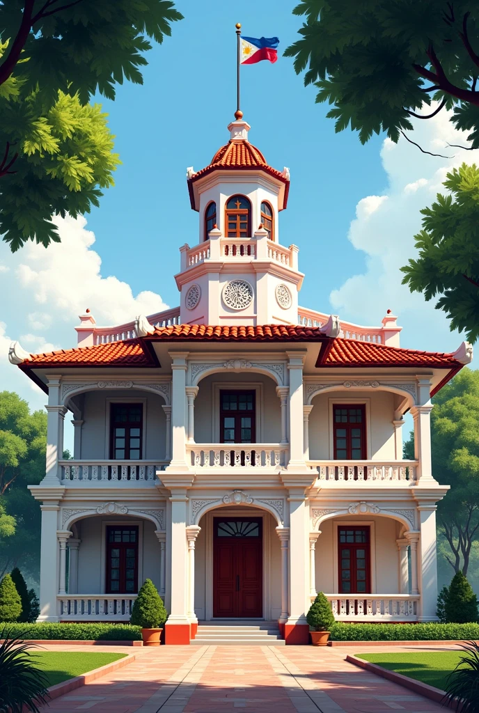 2D of shrine is a striking blend of Spanish colonial and Filipino architectural styles, featuring wide, sweeping balconies, intricate wooden carvings, and capiz shell windows. The house is painted in a classic white with red trim, evoking a sense of national pride. A prominent feature is its tower with a flagpole, from which the Philippine flag was first waved to mark the country's independence on June 12, 1898. Surrounded by well-maintained gardens and shaded by tall trees, the Aguinaldo Shrine stands as a testament to Philippine history and independence.