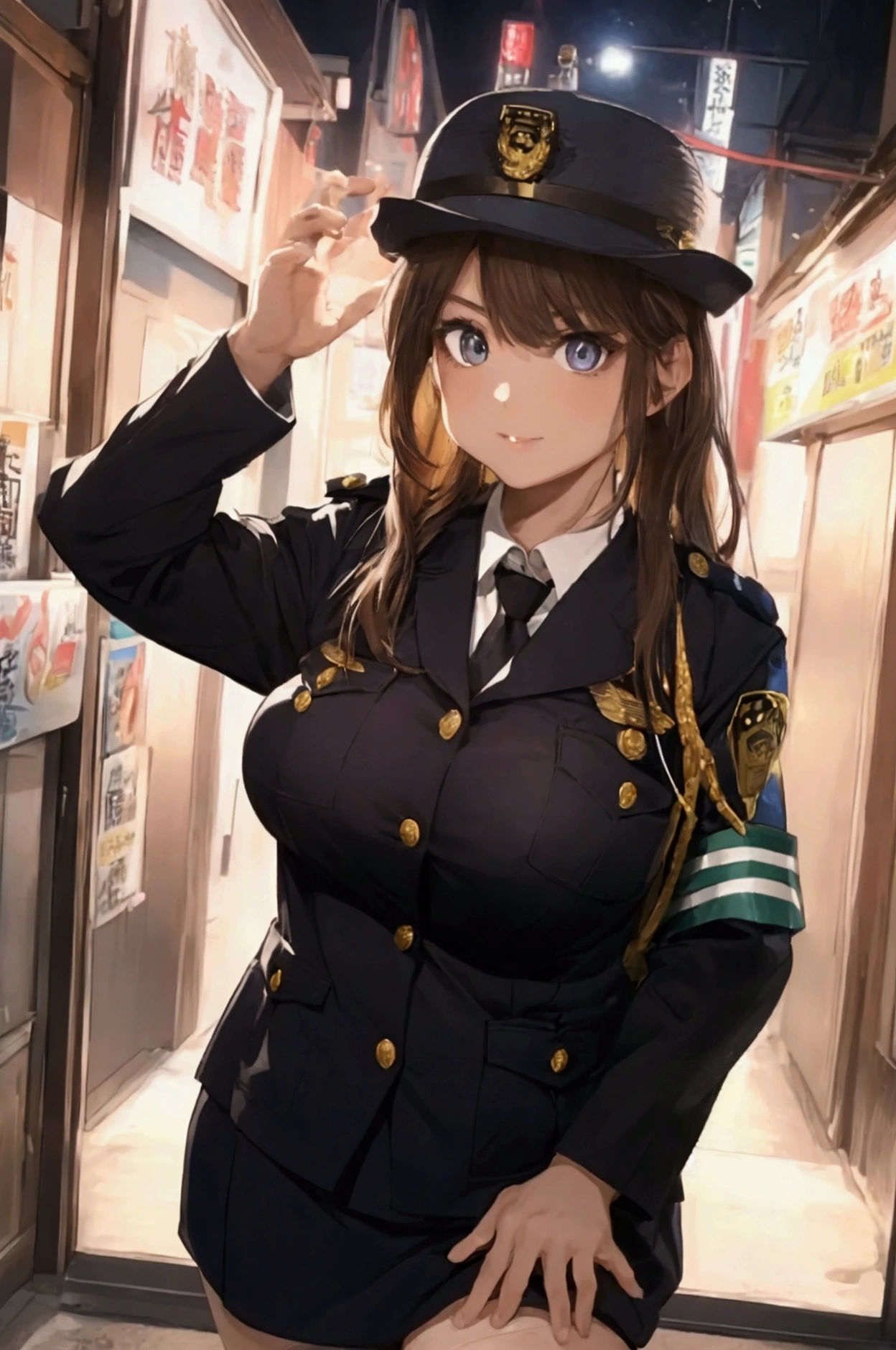 (ultra highres、ultra quality、Masterpiece、8k、),A girl with light hair drawn in high resolution policewoman.japannse police woman、Young and cute 、Asian woman,s hot, Japanese Model, Cute Core, , Chubby、wear a hat 、(big breast)、Town