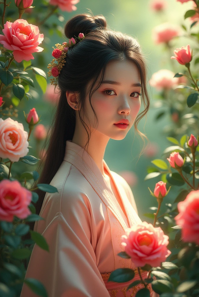 An Asian woman in the garden,Rose