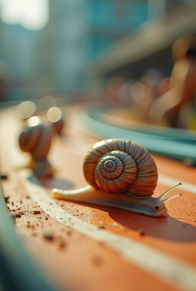 Cerithidea obtusa((rabbit snail)). Racing on track. . Tilt shift photography. Live streaming on tv. 