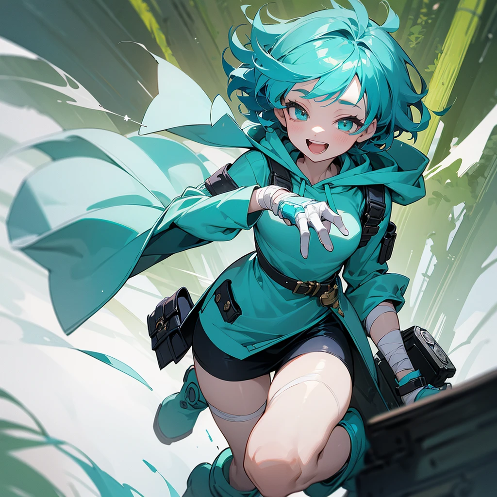 woman, female, delightful, Azure hair, short hair, curly, medium hair, aqua hair, aqua eyes, pale skin, glamorous, hoodie, mini skirt, long boots, belt, waist bag, with a scar, with a bandage, gloves, hood, fantasy, Solo, laughing, happy, wink, outside, in the forest