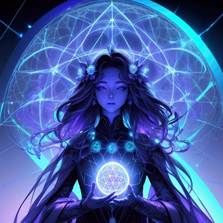 Create a digital landscape of an ethereal, futuristic world where Arcturian energy grids form a glowing, intricate web across the sky. The grid should be composed of interconnected sacred geometry patterns, such as tetrahedrons, dodecahedrons, and Flower of Life symbols. The color palette is dominated by deep purples, blues, and radiant whites, with an otherworldly, glowing effect.
