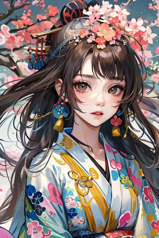 A beautiful woman in a kimono shows her white teeth、Vividly colored Japanese Ukiyo-e style illustrations、SeaArt creates stunning illustrations of beautiful women in kimono、Brown-black long hair、Full Body Style、Beautiful digital illustrations,、Beautiful digital painting, Anime CG art, Detailed digital anime art, Beautiful anime portraits