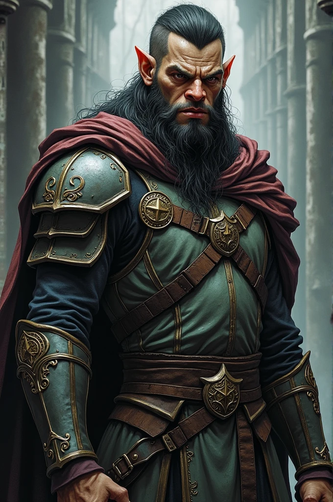 A half orc man, Scrawny, in paladin's garb, made with gothic and slightly thick lines, with detailed pupil