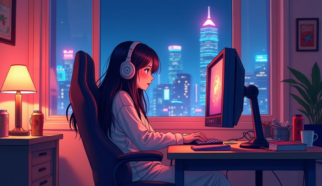 Perfect image, 8k, night、Energy Drinks、Sit in a gaming chair、Private room、Playing rhythm games on a PC、high school girl、cute、looks fun、excited、smile、long hair、 Loungewear、Using headphones、City view outside the window、2D-style animation, Lo-Fi、Retro、Anime style illustrations、Line art with clear outlines