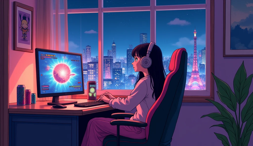 Perfect image, 8k, night、Energy Drinks、Sit in a gaming chair、Private room、Playing rhythm games on a PC、high school girl、cute、looks fun、excited、smile、long hair、 Loungewear、Using headphones、City view outside the window、2D-style animation, Lo-Fi、Retro、Anime style illustrations、Line art with clear outlines