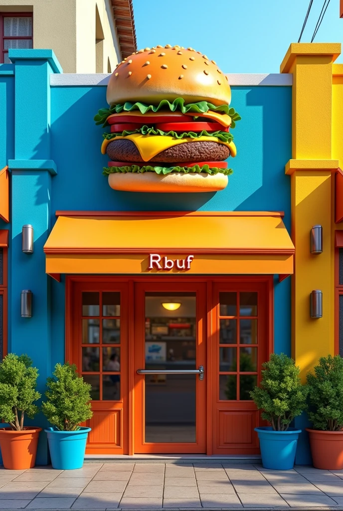 Facade of a hamburger restaurant named Rbuf at the entrance with blue and yellow colors and a hamburger 