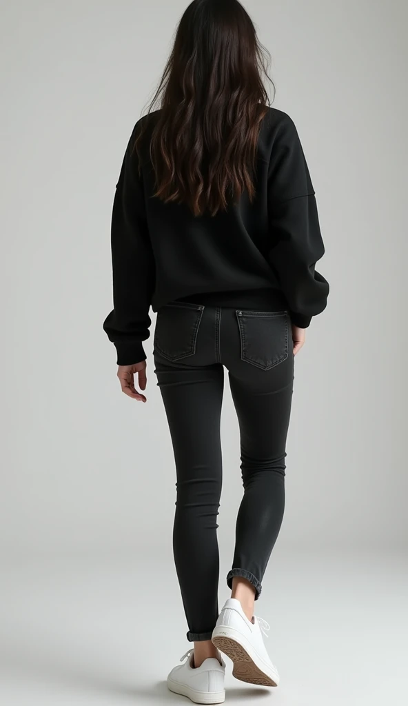 16 girl with black Jeans, black sweater, white nike sneaker back view