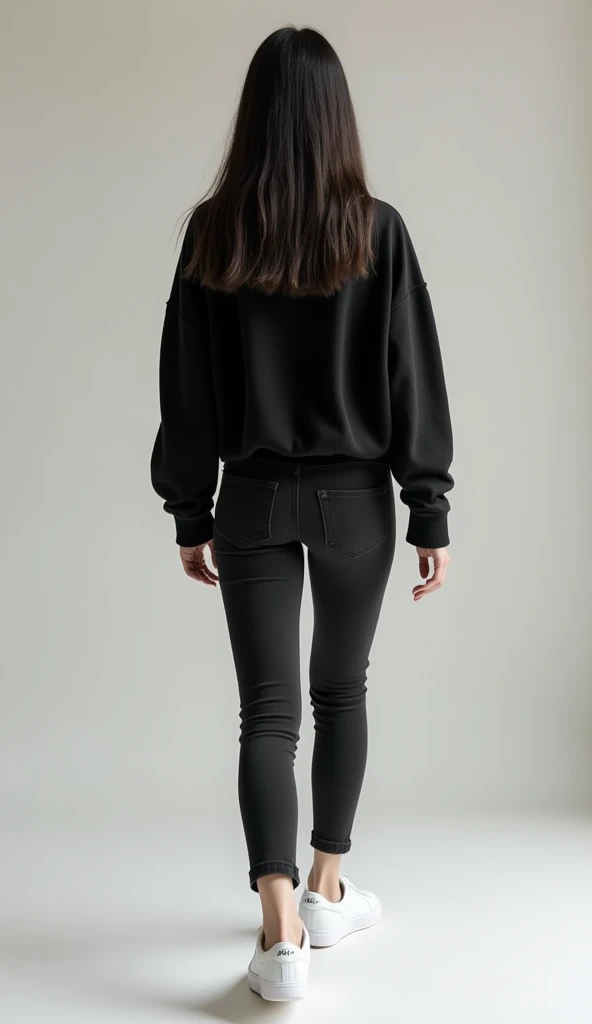  girl with black Jeans, black sweater, white nike sneaker back view