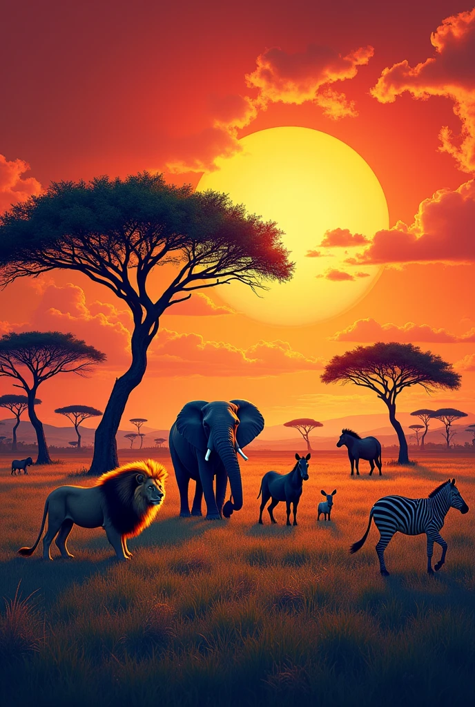 Easy and creative image for poster with this caption Africa: A fiery journey through a wildlife safari. 



