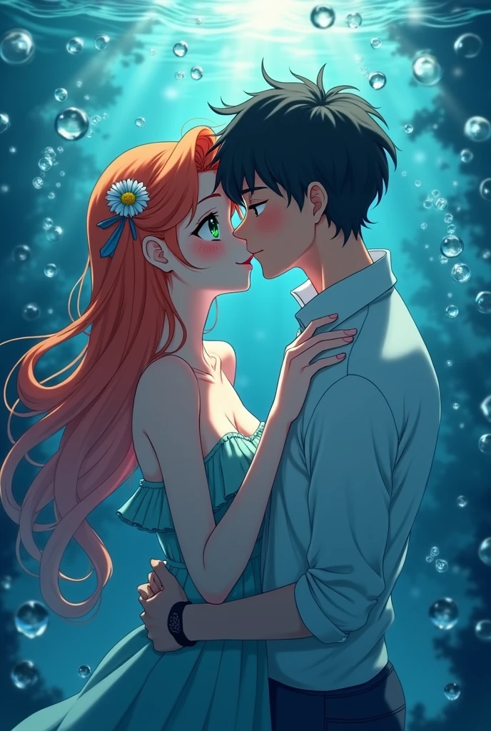 Wallpaper,masterpiece,High resolution,8K, anime 
(Misty_Pokemon)(1 18-year-old girl)
(Orange Hair,one side up hair,Big green eyes,Small breasts,Skinny, beautiful smile) cute girl, siren, kiss( ash_pokemon; black hair, brown eyes) couple, kiss underwater,
I can feel the spirit in my eyes. ((Amazingly absurd)), Attention to detail, high quality,  Surrounded by bubbles、A world of deep blue、Overall, a work in deep blue tones