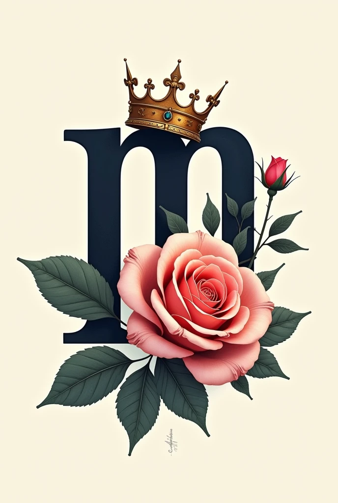 Typografi capital font written "MN" bold,artistic,with a rose flower beside it,with a crown on top of it