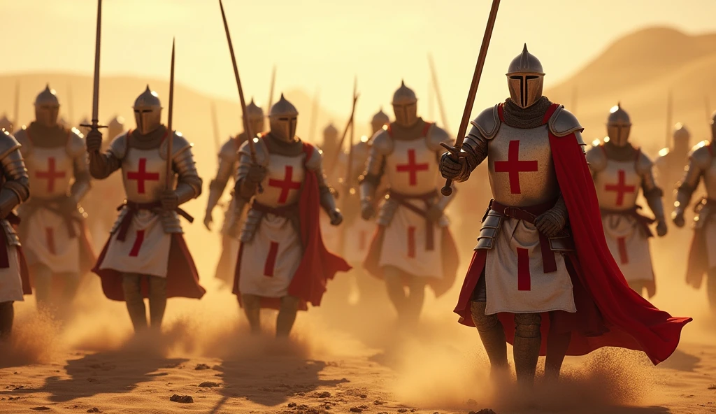 A highly realistic, high-contrast, 8K HD, detailed, hyper-detailed image of Crusader knights clad in steel armor with red crosses on their tunics, fiercely overwhelming their enemies with swords in a desert setting. The knights are shown with intense determination as they strike down their foes, their swords glinting in the harsh sunlight. The desert landscape around them is vast, with dunes and a blazing sun casting long shadows. The scene captures the raw power and bravery of the Crusaders as they dominate the battlefield, with the sand beneath them kicked up by the force of their movements. The image is of the highest quality, with ultra-high resolution, RAW photo quality, and Unreal Engine rendering, portraying the epic and fierce battle under the scorching desert sun.
