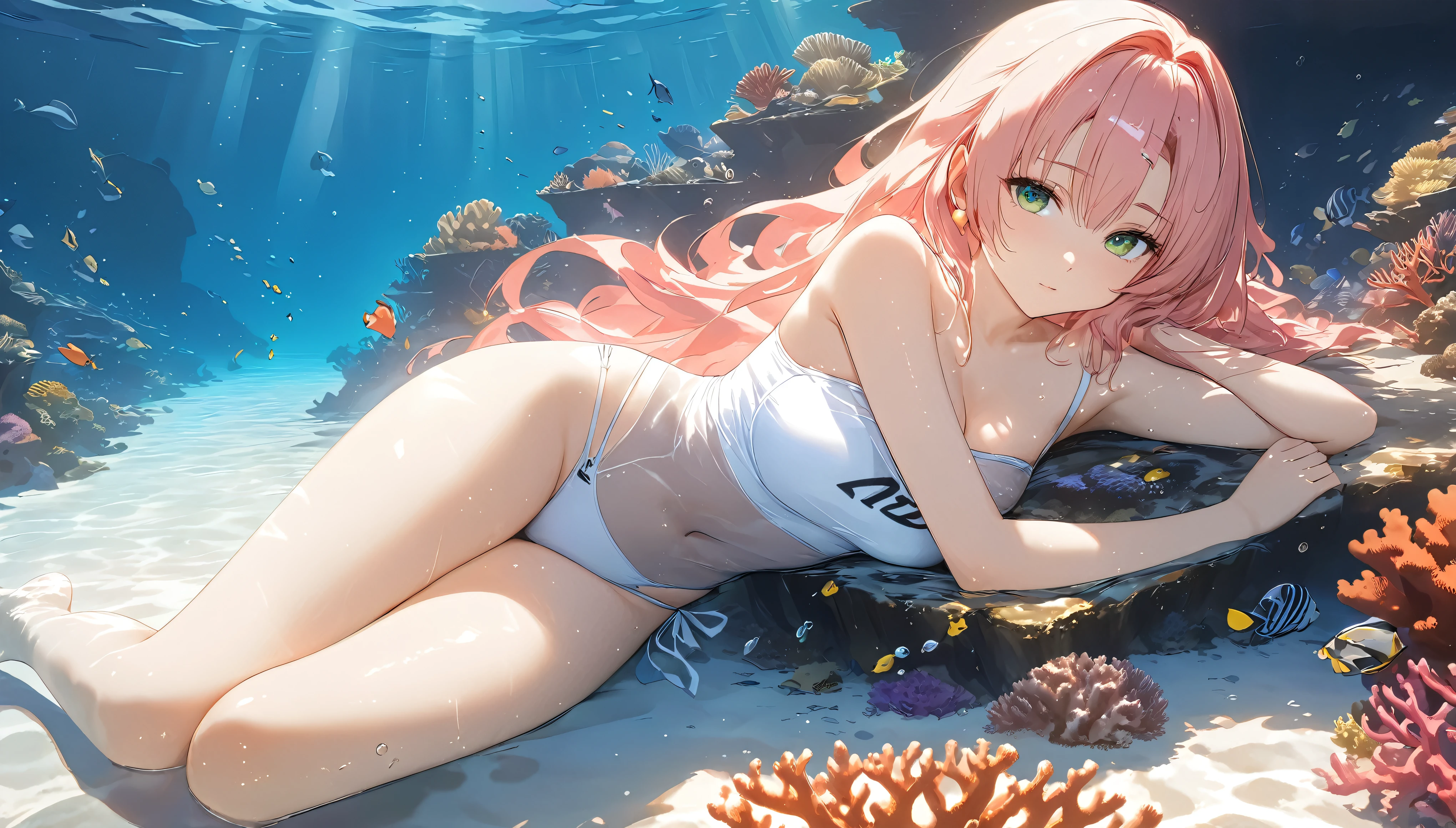 masterpiece，high resolution，Anime Art，Anime Numbers， 4k anime wallpaper，Soft Light，Radiant Skin，Looking at the camera，Solitary，An anime girl，Pink long hair，Green eyes，Lying on your side，White swimsuit，thigh，seabed，Coral Reef