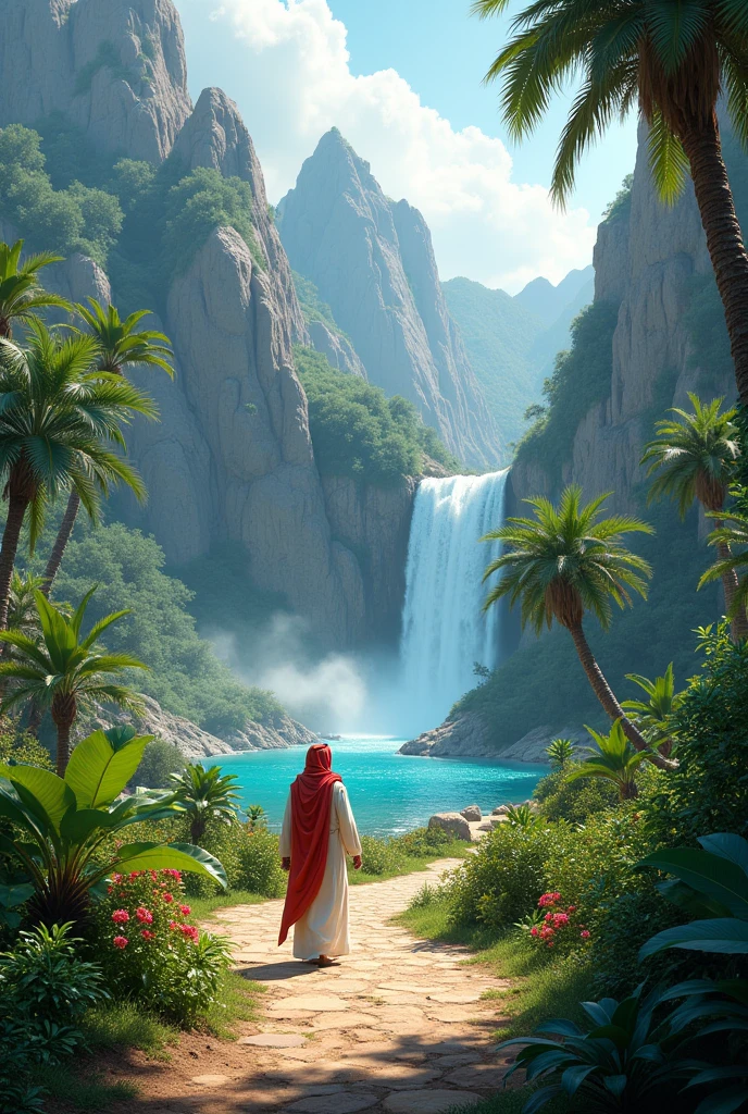 a dream arabian jungle valley and mountain were beautiful water pound and pound side walking arabic adult man on path track