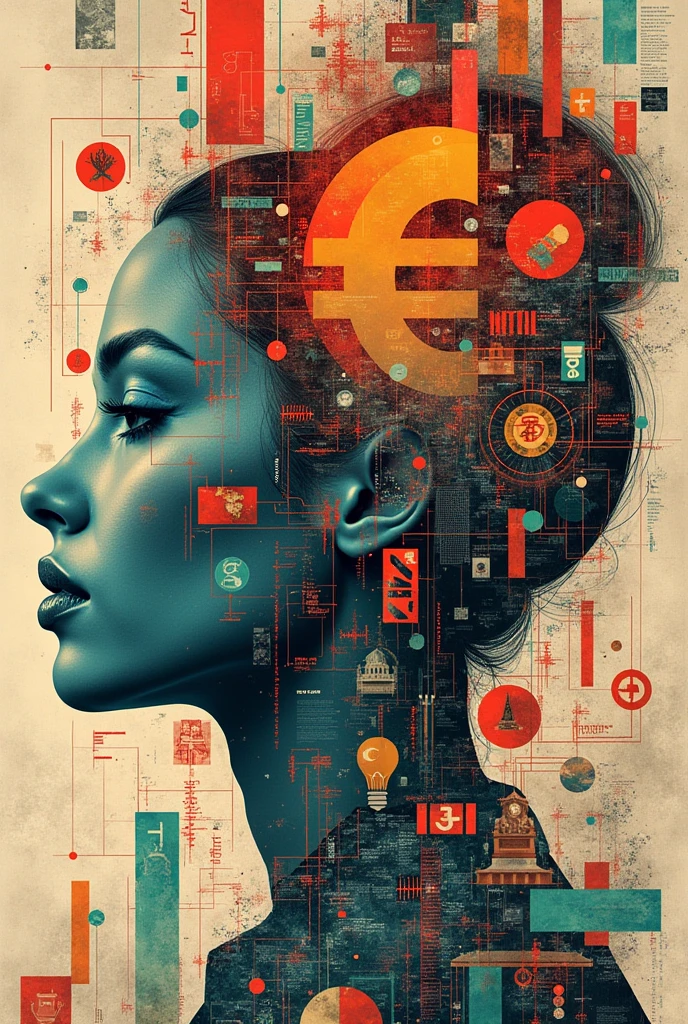 Image: A collage showing economic, cultural, technological, and political symbols, such as currency signs, cultural icons, and digital