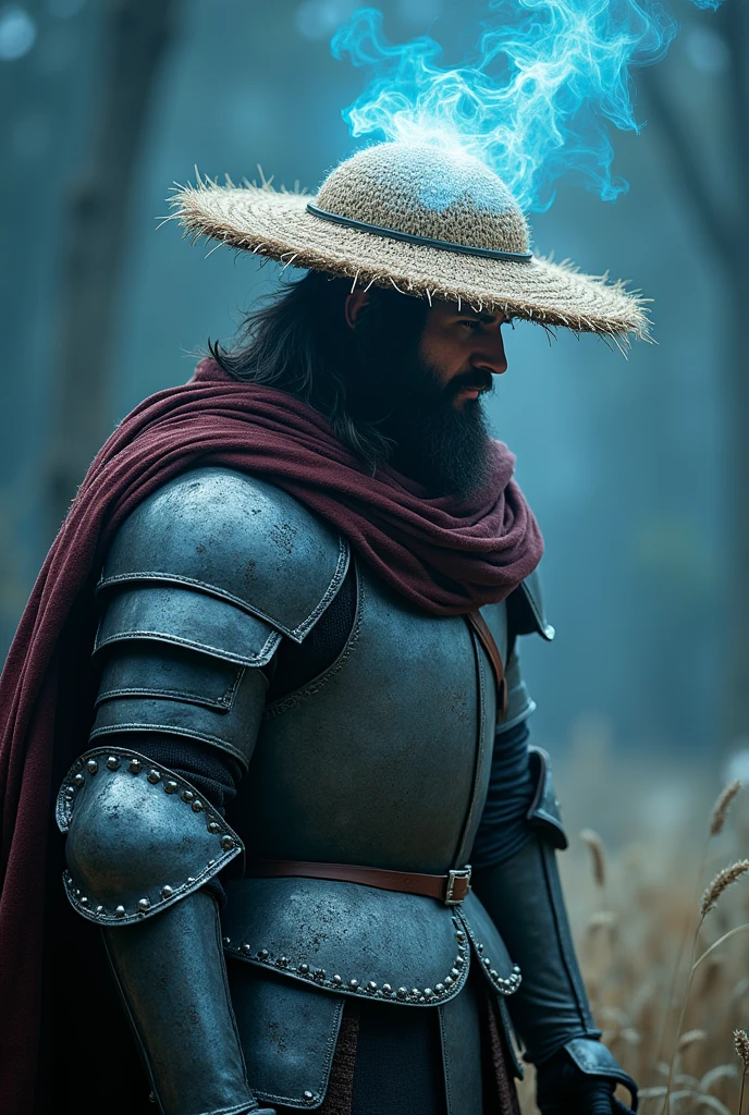 "Créez une image réaliste et intense comme une photo d'un guerrier nommé FarmMasteR,avec un chapeau de paille. Le guerrier doit tenir une grande faux, représentant son expérience agricole. Le personnage doit être vêtu d'une armure médiévale de samouraï argenté comme un miroir reflétant la lumière, il est affûté avec une présence unique et effrayante. Des éclair tournent autour de lui comme une aura. L'arrière-plan doit représenter un monde psionique avec des tons bleus, rempli d'éclair, dans un atmosphère intense. être dramatique, en soulignant l'apparence puissante et unique de FarmMasteR. Le nom « FarmMasteR » doit être affiché dans le fond de l'image dans une police gothique