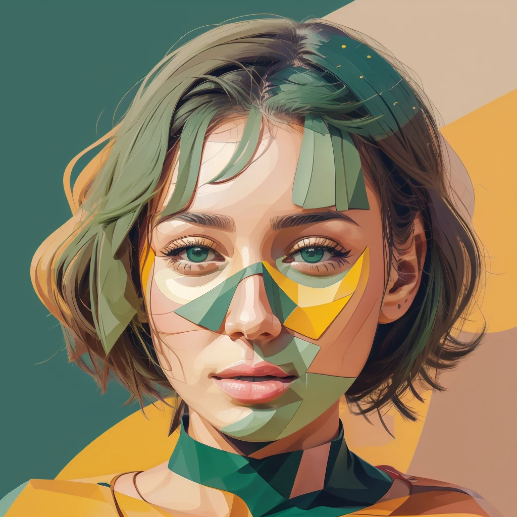 Abstract summer, minimal, vector, a combination of natural and geometric, two-dimensional, more than using the color code 9ea856 tones and mustard palette, Dark Medium Gray green, the face of a girl over 20 years old, the girl does not look in front, the face should It should be minimal and abstract, the face should not be realistic or a photo and should be a combination of the background, dark mustard pastel color, the use of warm dark green colors very little with tones mixed with green and mustard, geometric and abstract cubism style, different face styles, Dark Gray green