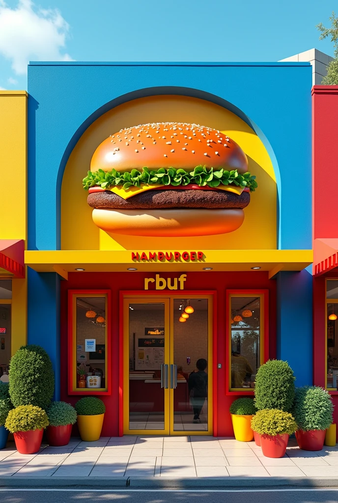 Facade of a hamburger restaurant named Rbuf at the entrance with blue and yellow colors and a hamburger