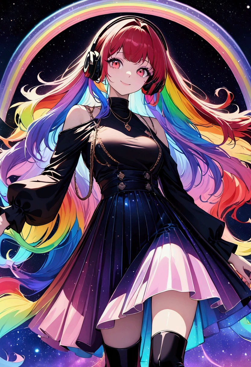 (((Digital Art Style))) One Woman,Gal,Long Hair,(Rainbow Hair),Bangs parted in the center,Black headphones,necklace,Look here,Red eyes,Big Eyes,Smile Drop Shoulder Dress,Volume sleeve,Iridescent skirt,Black boots,night,Space Background,End of the Galaxy,Planetarium style,Backlight,masterpiece,Highest quality,Exquisite,8k,Absurd,Ultra-fine illustrations,(View your audience)