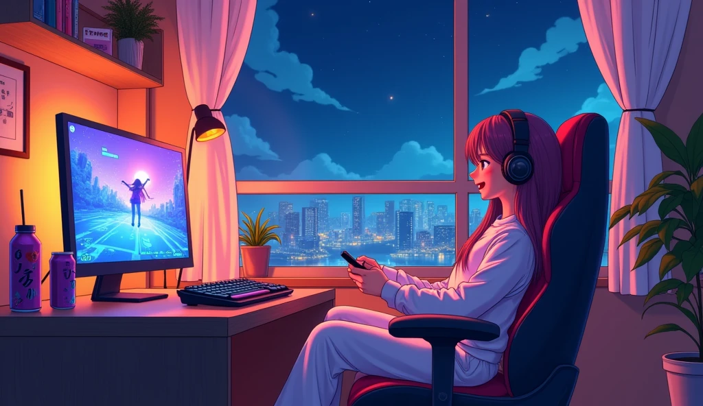 Perfect image, 8k, night、Energy Drinks、Sit in a gaming chair、Private room、Playing rhythm games on a PC、high school girl、cute、looks fun、excited、smile、long hair、 Loungewear、Using headphones、City view outside the window、2D-style animation, Lo-Fi、Retro、Anime style illustrations、Line art with clear outlines
