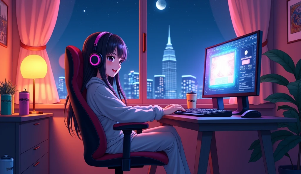Perfect image, 8k, night、Energy Drinks、Sit in a gaming chair、Private room、Playing rhythm games on a PC、high school girl、cute、looks fun、excited、smile、long hair、 Loungewear、Using headphones、City view outside the window、2D-style animation, Lo-Fi、Retro、Anime style illustrations、Line art with clear outlines