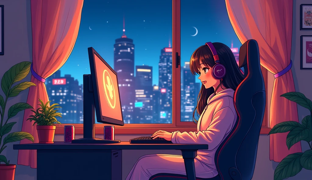 Perfect image, 8k, night、Energy Drinks、Sit in a gaming chair、Private room、Playing rhythm games on a PC、high school girl、cute、looks fun、excited、smile、long hair、 Loungewear、Using headphones、City view outside the window、2D-style animation, Lo-Fi、Retro、Anime style illustrations、Line art with clear outlines