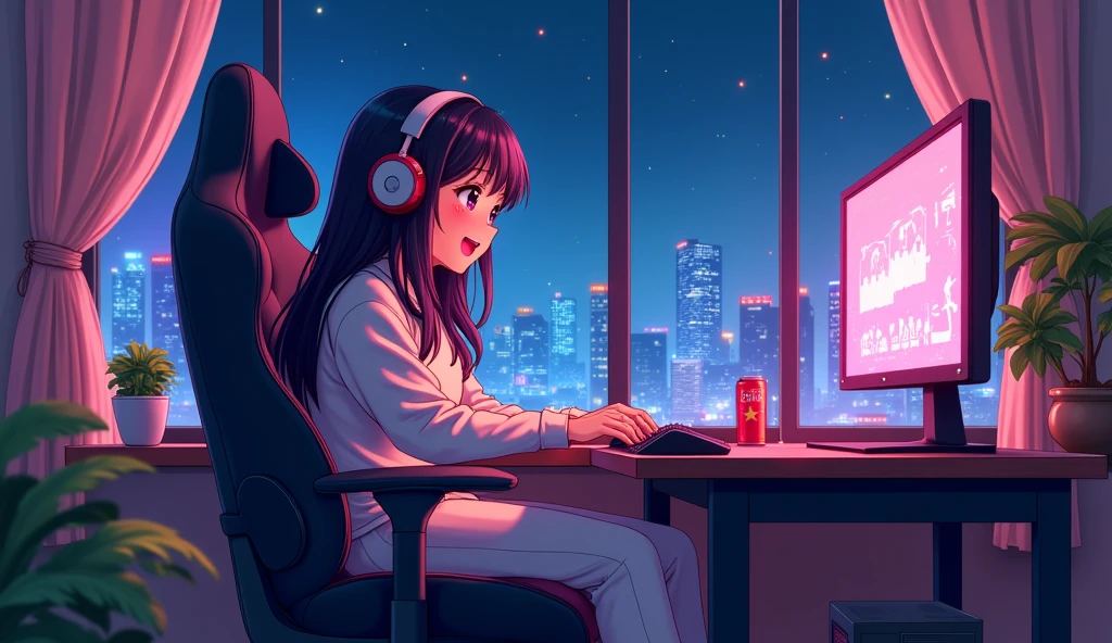 Perfect image, 8k, night、Energy Drinks、Sit in a gaming chair、Private room、Playing rhythm games on a PC、high school girl、cute、looks fun、excited、smile、long hair、 Loungewear、Using headphones、City view outside the window、2D-style animation, Lo-Fi、Retro、Anime style illustrations、Line art with clear outlines