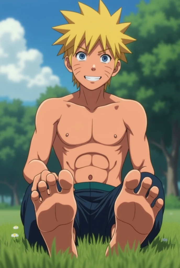 Animated image showing realistic style with HD quality of Naruto Uzumaki anime teenager barefoot showing the soles of his feet close to the camera Sitting on the grass smiling shirtless Showing six pack 2 feet 5 toes on each foot Showing soft texture details Showing lighting on his feet Showing perfect feet Anatomically correct animation
