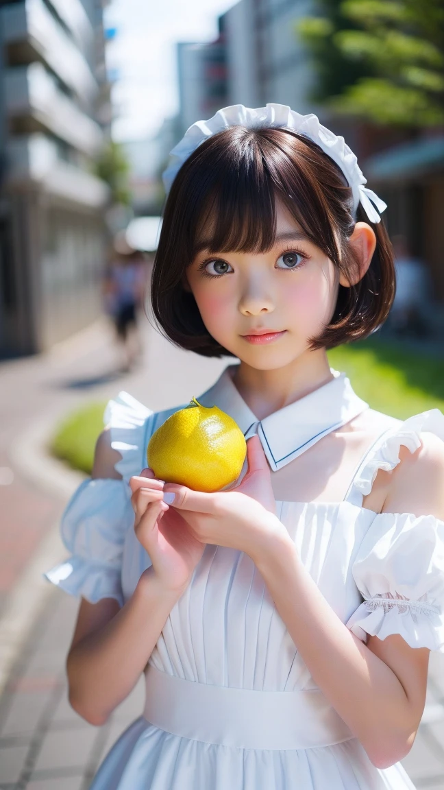 ((sfw: 1.4)), ((sfw, extra short hair, sidelocks-hair, 1 Girl)), Ultra High Resolution, (Realistic: 1.4), RAW Photo, Best Quality, (Photorealistic), Focus, Soft Light, (()), ((Japanese)), (holding lemon),(( (young face))), (surface), (depth of field), masterpiece, (realistic), wearing highly detailed (( maid clothes with frills and ribbon)), bangs, ((1 girl)),(half body image:1.5)